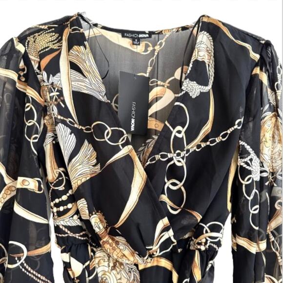 Fashion Nova Romper Skylar Black Gold Chain Tassel Balloon Long Sleeve Small NEW - Picture 4 of 12